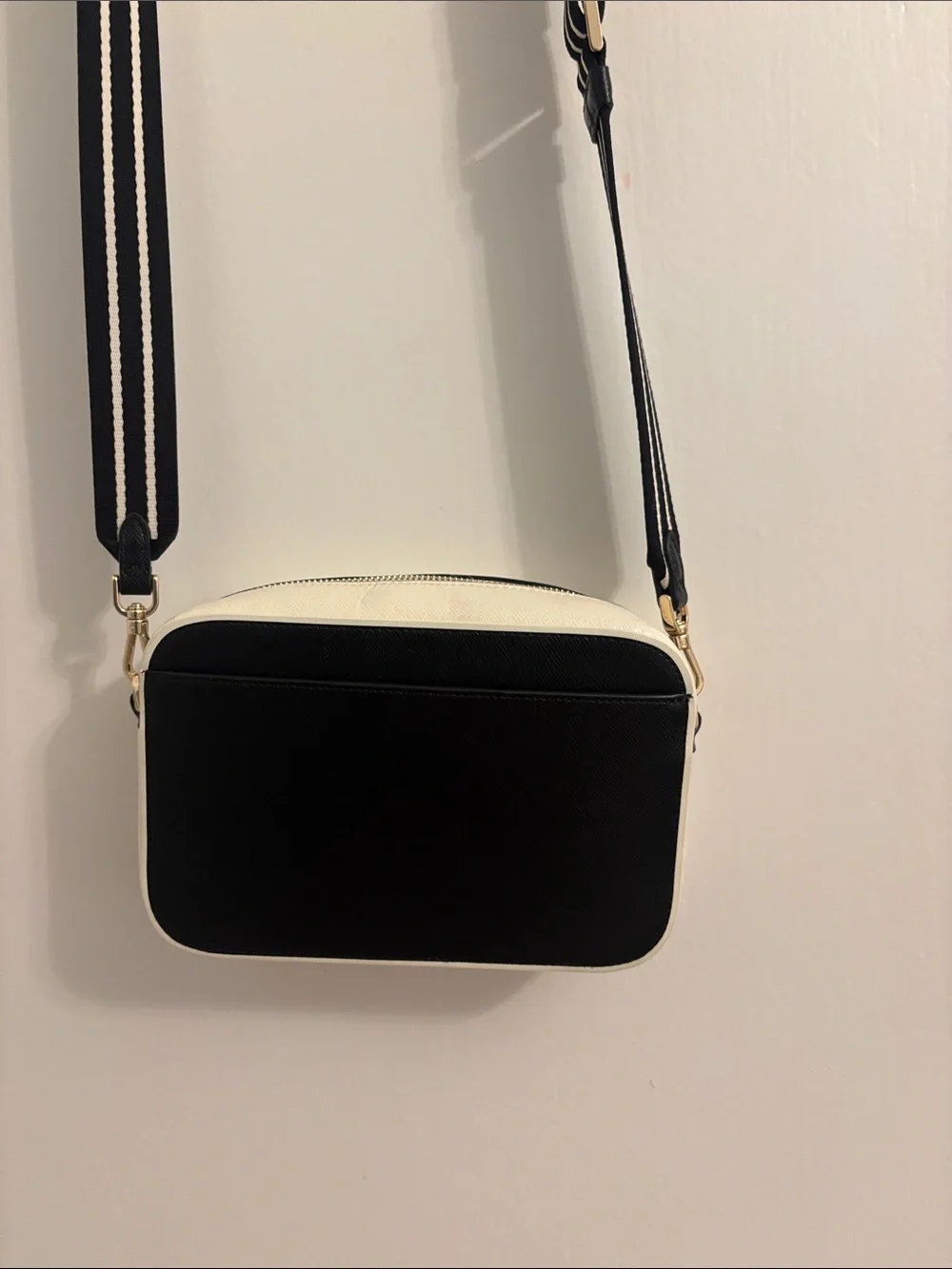 Kate Spade Black and White Logo Crossbody Bag with Striped Strap